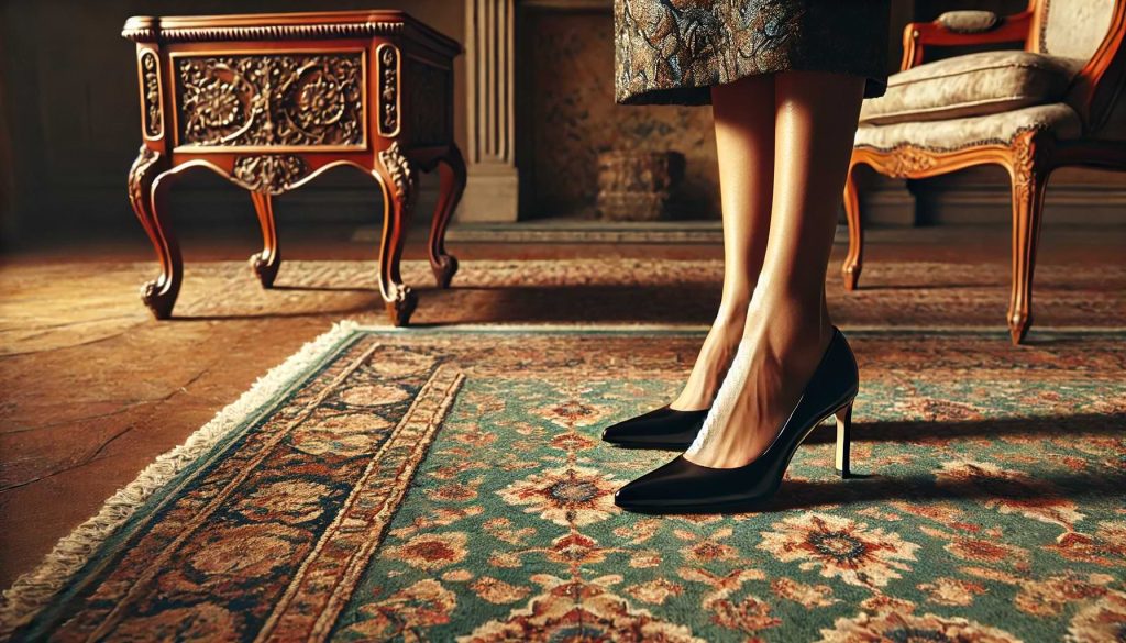 woman in timeless black pump shoes with a luxurious Persian-style carpet and hints of old-money style furniture in the background