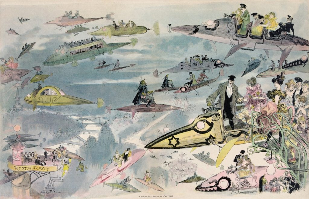 Albert Robida futuristic Litograph 1902. Flying Cars and taxis in Paris.