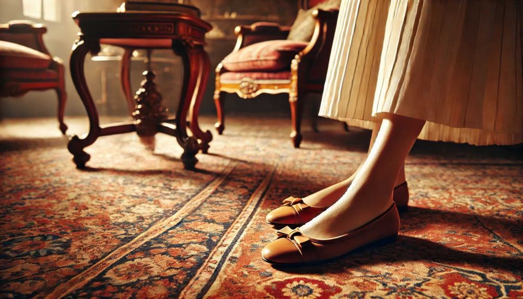 woman in ballet flats with hints of old-money furniture and a Persian-style carpet in the setting