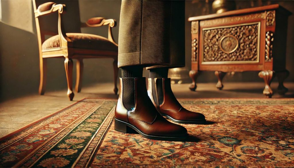 woman in classic ankle boots, complemented by a Persian-style carpet and old-money style furniture