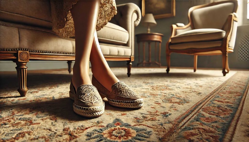 A woman in espadrilles with an old-money style ambiance featuring luxurious furniture and an intricate carpet