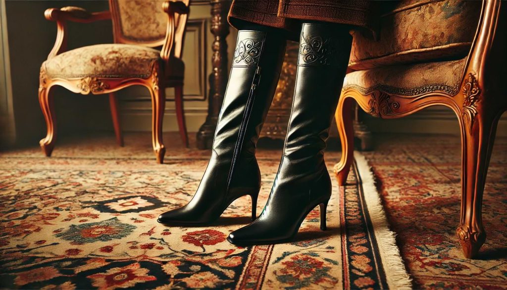 A woman wearing knee-high boots, complemented by a Persian-style carpet and hints of old-money style furniture