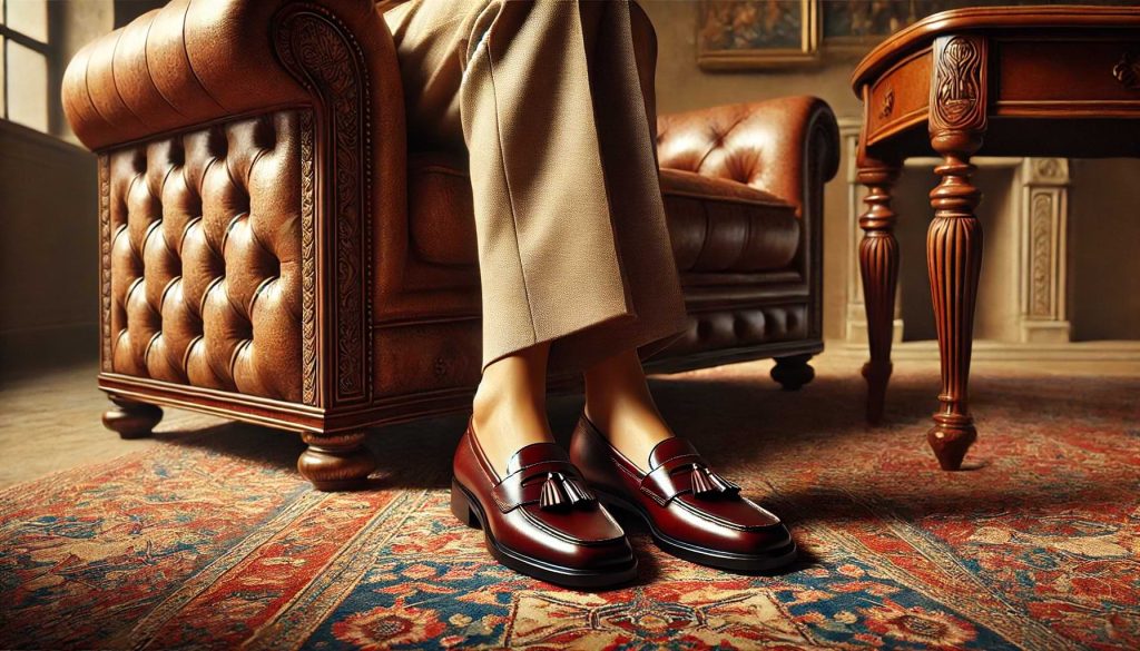 woman in loafers, featuring a luxurious Persian-style carpet and hints of old-money furniture in the background. 