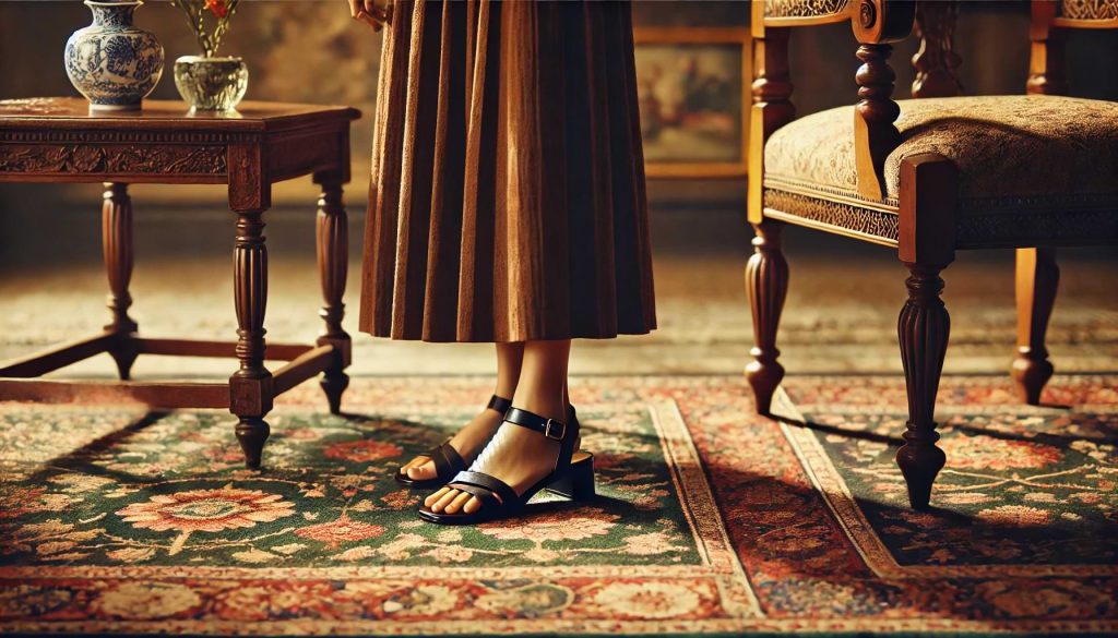 woman wearing classic strappy sandals, complemented by a Persian-style carpet and hints of old-money furniture in the background