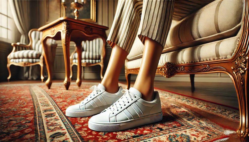 Woman wearing classic white sneakers, complemented by hints of old-money style furniture and a Persian carpet