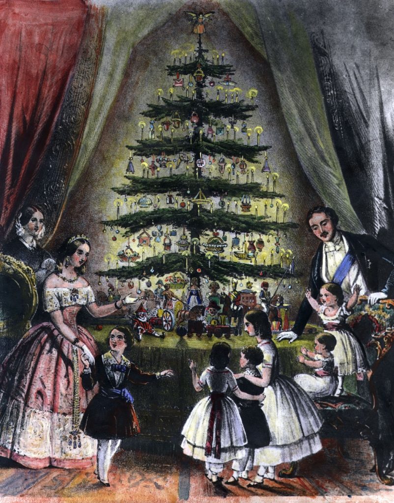 An engraving from 1848 of Queen Victoria and Prince Albert with a Christmas tree.